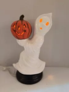 Vintage Keramik 12" Halloween laufendes Gespenst mit Kürbis auf beleuchtetem Sockel RAR - Bild 1 von 9