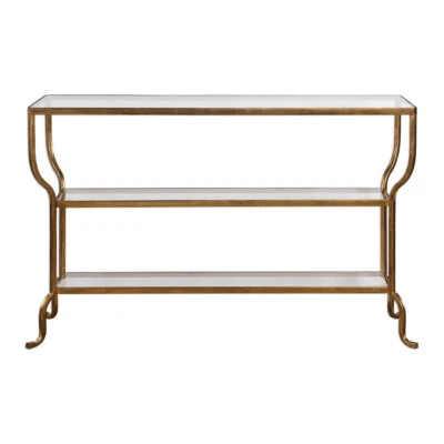 Deline Gold Console Table Hand Forged Iron Glass Shelve Modern ~ Uttermost 24668 - Image 1 of 4
