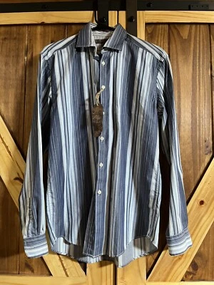 Men's Pronto Uomo Blu Stripped Blue/White Longsleeve Shirt Size Medium NWT — 第 1/4 张图片