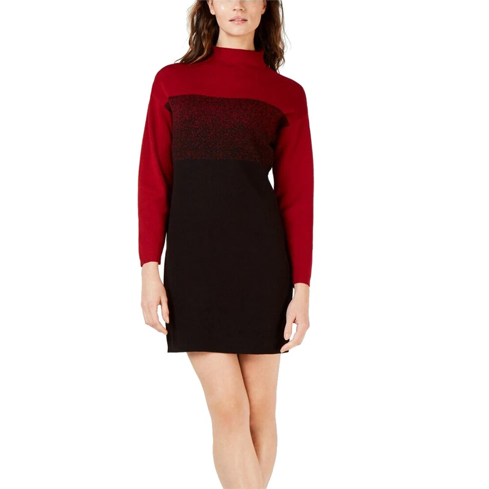 Anne Klein Womens Red Color Block Mock Neck Long Sleeve Shift Dress M