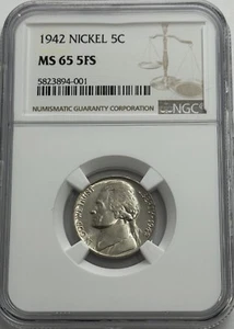 1942 NGC MS65 5FS Thomas Jefferson Silver Nickel 5c Uncirculated 5 Full Steps - Picture 1 of 3