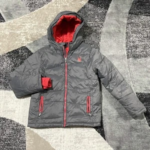Spyder Puffer Jacket Hoodie Boys Medium 10-12 Gray Full Zip Lined Pockets Coat - Picture 1 of 15