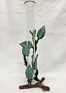 10" Clear Tube Vase Sculpted Bronze Leaf Branch Display Holder - Picture 1 of 6