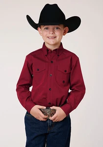 Roper Boys Kids Solid Red 100% Cotton Black Fill BD L/S Button Shirt - Picture 1 of 4