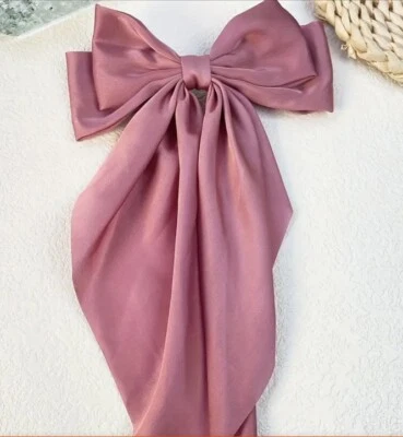 Mauve Satin Stylish Bow Big Ribbon Hair Clip Tie All Hair Types Non Slip - Image 1 of 4