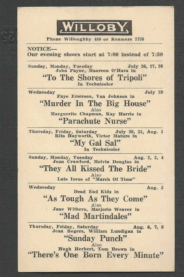 1940 WILLOBY THEATRE OH MY GAL SAL R HAYWORTH & V MATURE SEE INFO - Image 1 of 1