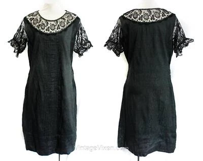 1920s Dress - Steel Gray Brocade with Sheer Black Lace & Beadwork - Short Sleeve - Image 1 of 4