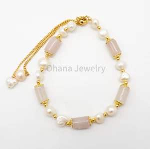 Natural Pink Jade Freshwater Pearl Adjustable Copper Bracelet - Five Bamboo - Picture 1 of 2