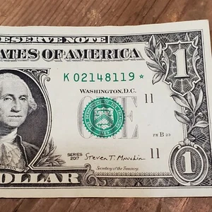 One Dollar Star Note Serial Number K 02148119* 2017 US Money $1 Bill - Picture 1 of 4