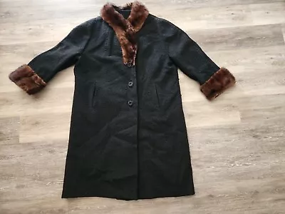 Heavy Black Vintage Wool Coat with Brown Mink Fur Collar & Cuffs size S/M - Image 1 of 4