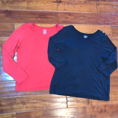 Lote Top LL Bean Algodón Talla L Rojo Cuello en V Manga Larga Negro Cuello Barco Manga 3/4 Foto 1 de 4