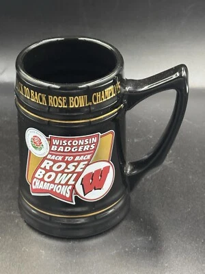 Wisconsin Badgers Football Rose Bowl 2x Champion 1999 2000 Beer Mug Black & Gold - Image 1 of 4