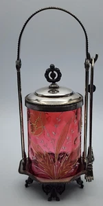 Forbes Silver Decorated Cranberry Thumbprint Glass Pickle Castor - Picture 1 of 24