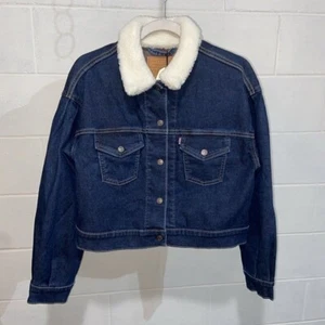 Levi's Premium Womens Warm Pleat Sleeve Sherpa Jacket XS Blue Denim Trucker Coat - Picture 1 of 10