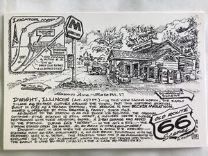 Bob Waldmire Route 66 Postkarte "Marathon Station Dwight Illinois" Kostenloser Versand - Bild 1 von 2