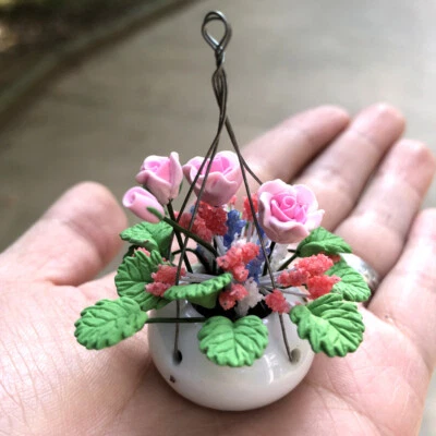 Maceta colgante rosa miniatura para casa de muñecas escala 1:12 balcón flores accesorios Foto 1 de 4