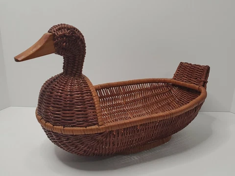 Vintage Wicker Woven Duck Basket with Wood Beak - Home Decor, planter, 13x9x8 Cover
