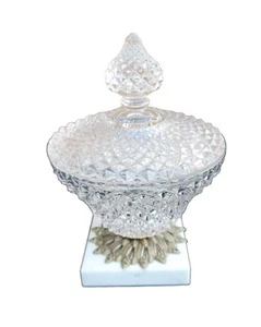 VTG Pineapple Clear Cut Glass Lidded Heavy 8.5" Candy Dish w/Bronze &Marble Base - Picture 1 of 16