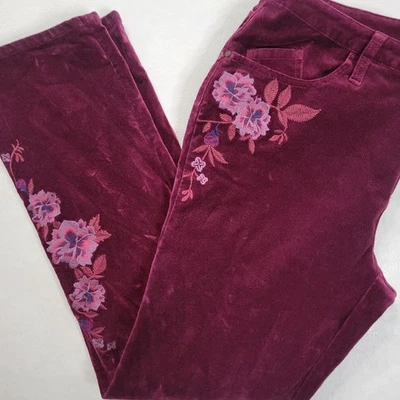 Pantalones de mezclilla Sundance para mujer rojos borgoña florales bordados de terciopelo boho talla 32 calce 35 Foto 1 de 4