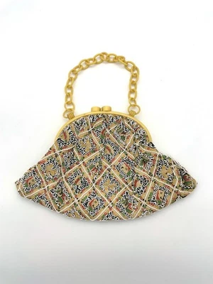 Vintage 1940s Charlet Celluloid Bag Purse Colorful Printed White Micro beads  - Image 1 of 4