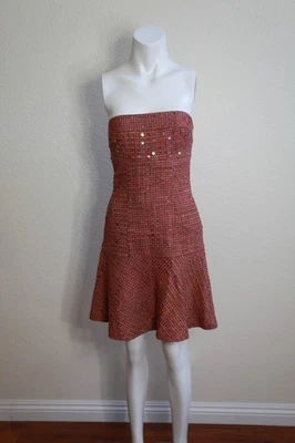 Bebe Sz 4 Sequined Red Tweed Wool Strapless Party Holiday Winter Dress New - Image 1 of 4