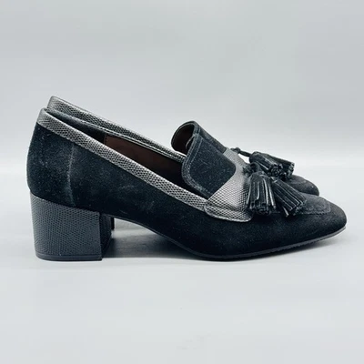 Donald Pliner Zapatos Mujer 7.5 Negro Gamuza Kressida Borla Mocasín Tacón Bloque Foto 1 de 4