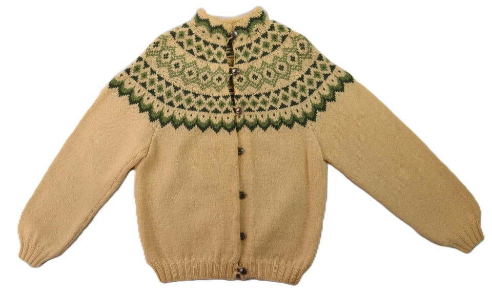 美国女式 S 象牙色手工针织 Fair Isle 羊毛锡特斯堪的纳维亚开衫毛衣 — 第 1/4 张图片