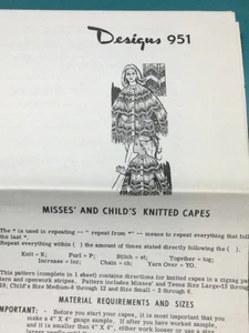 Vtg Mail Order Design 951 KNITTED MISSES' & CHILD'S CAPES Pattern Original - Picture 1 of 2