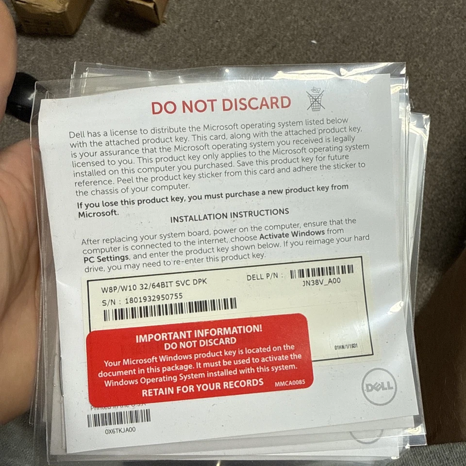 W8P/W10 32/64BIT SVC DPK Dell Microsoft License Product Key Dell OEM JN38V - Image 1 of 3