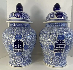 Pair (2) Double Happiness Chinese Blue & White Temple Jars 17 1/4” X 10” - Picture 1 of 8