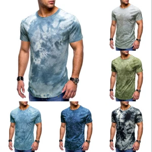 Herren Hip Hop Batik T-Shirt Gestreift Locker Kurzärmliges Oberteile Streetwear - Picture 1 of 18