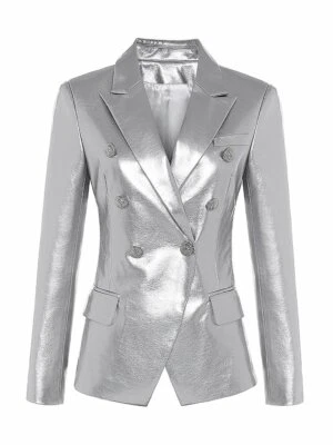 Blazer de cuero plateado formal de piel de cordero pura para mujer talla XS S M L XL XXL personalizado Foto 1 de 4