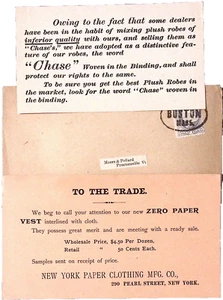 New York Paper Clothing Mfg Co Zero chaleco de papel y batas de persecución anuncio impreso y cubierta - Imagen 1 de 7