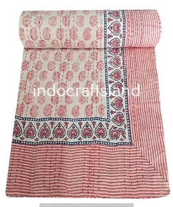 Vintage Hand Block Kantha Quilt Bedspread Double Cotton Bedding Throw Blanket Se - Picture 1 of 5