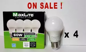 4 LED Light Bulb MAXLITE 60W Equivalent Soft White 2700K A19 60W REPLACEMENT LED - Picture 1 of 1