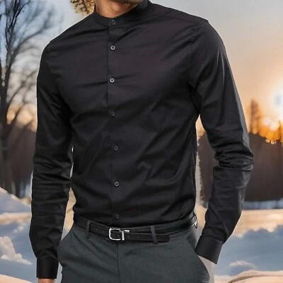 ASOS DESIGN Skinny Shirt BLACK Sz S Long Tall w/ Grandad Collar Long Sleeves NEW - Image 1 of 4