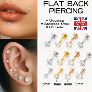 Labret Ohrstecker flache Rückseite Edelstein für Knorpel Tragus Helix Nase UK Piercing - Bild 1 von 13