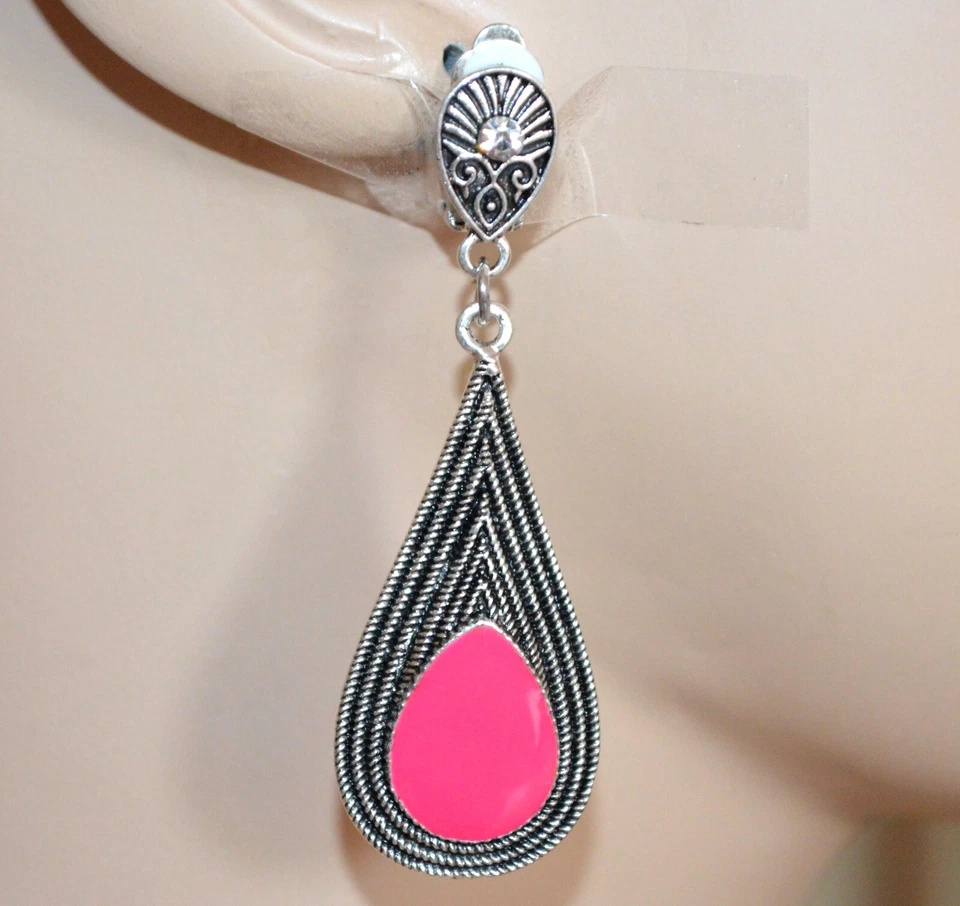 Orecchini a clips donna argento pendenti pietra rosa fucsia strass etnici UP74 - Immagine 1 di 1
