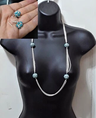 Pendientes Collar Plata Azul Turquesa Semilla Cuentas Bola Colgante Largo Multi Cadena Foto 1 de 2