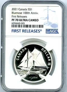 2021 $1 CANADA SILVER PROOF BLUENOSE DOLLAR 100TH NGC PF70 UCAM FIRST RELEASES - Picture 1 of 2