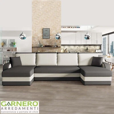 GARNERO ARREDAMENTI Divano letto con cuscini 4 posti 3 vani contenitori 304cm grigio écru ASSUNTA