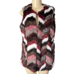 Fever Chevron Multicolor Faux Fur Vest Sleeveless Oversized Midi Pocket Gilet M - Picture 1 of 11