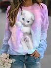 Womens Plus Size Sweatshirt Cat Print Hoodies Long Sleeve Pullover Tops Loose