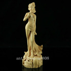 Chinese Wood Boxwood Carving Classical Beauty Belle Women Girl Phoenix Fan Statu