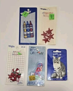 5 Vintage Wrights Sew On Iron On Appliqués Patches Football Crayons Cat Stars - Picture 1 of 18