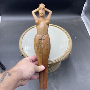 Vintage 14” Carved Wood Nude Woman Nutcracker, Philippines VG
