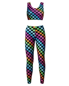 Rainbow Multi Cheques Cuadrados Prenda para la parte superior recortada Chaleco Leggings Coordinación 2 Piezas Set Coord - Imagen 1 de 4