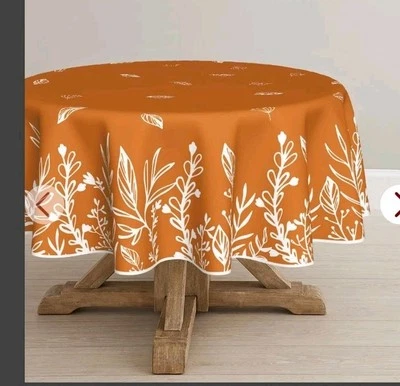 Fall Look Orange White 48x48 Tablecloth Round Leaves Vines - Image 1 of 3