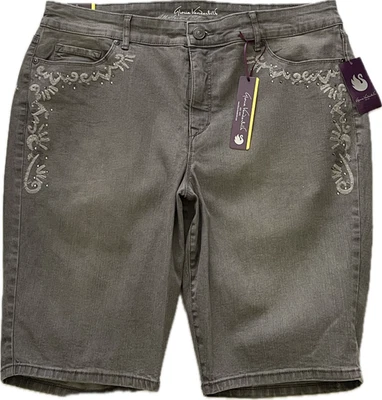 Gloria Vanderbilt Jessa 女式灰色百慕大短裤刺绣牛仔布 16 码 — 第 1/4 张图片