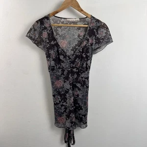 DKNY Jeans Top Womens Small VTG Y2K Babydoll Fairy Grunge Boho Brown Floral Mesh - Picture 1 of 6